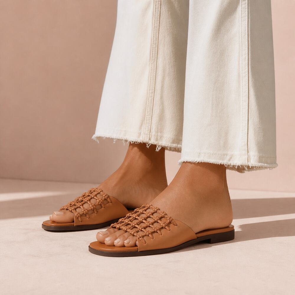 AD & Daughters Tabby Woven Leather Flat Sandals Slide Minimalist Tan Womens 6.5